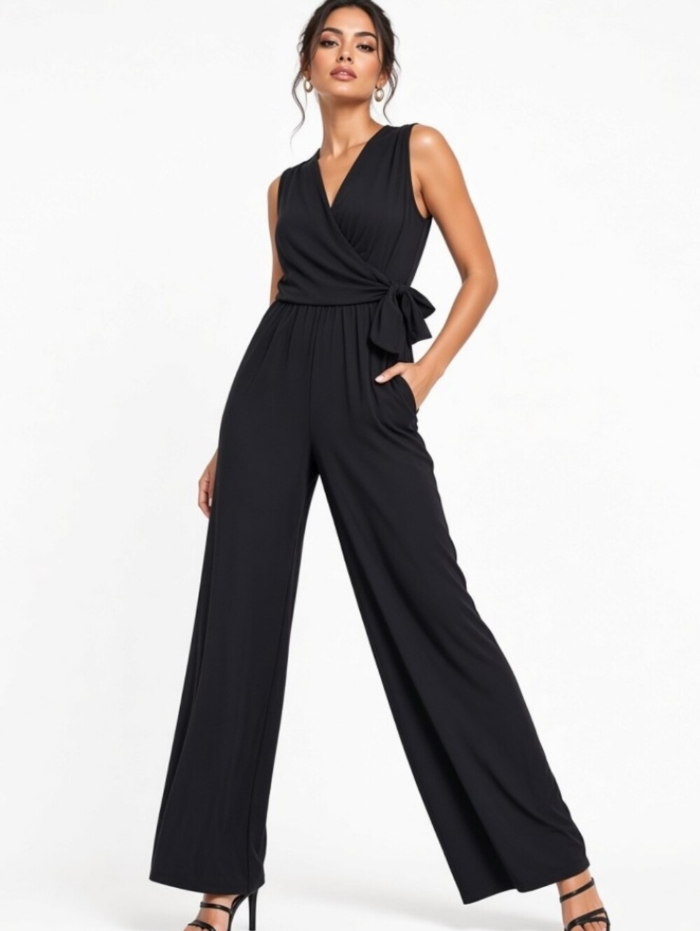 Tahari Black Sleeveless Wrap-Front Wide-Leg Jumpsuit(sz:M)